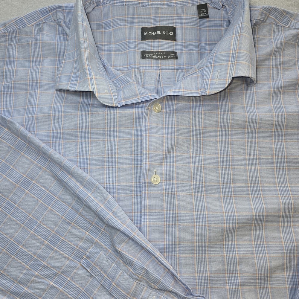 Michael Kors Tall Fit Dress Shirt Blue Plaid Performance Wicking Stretch‎ 18...